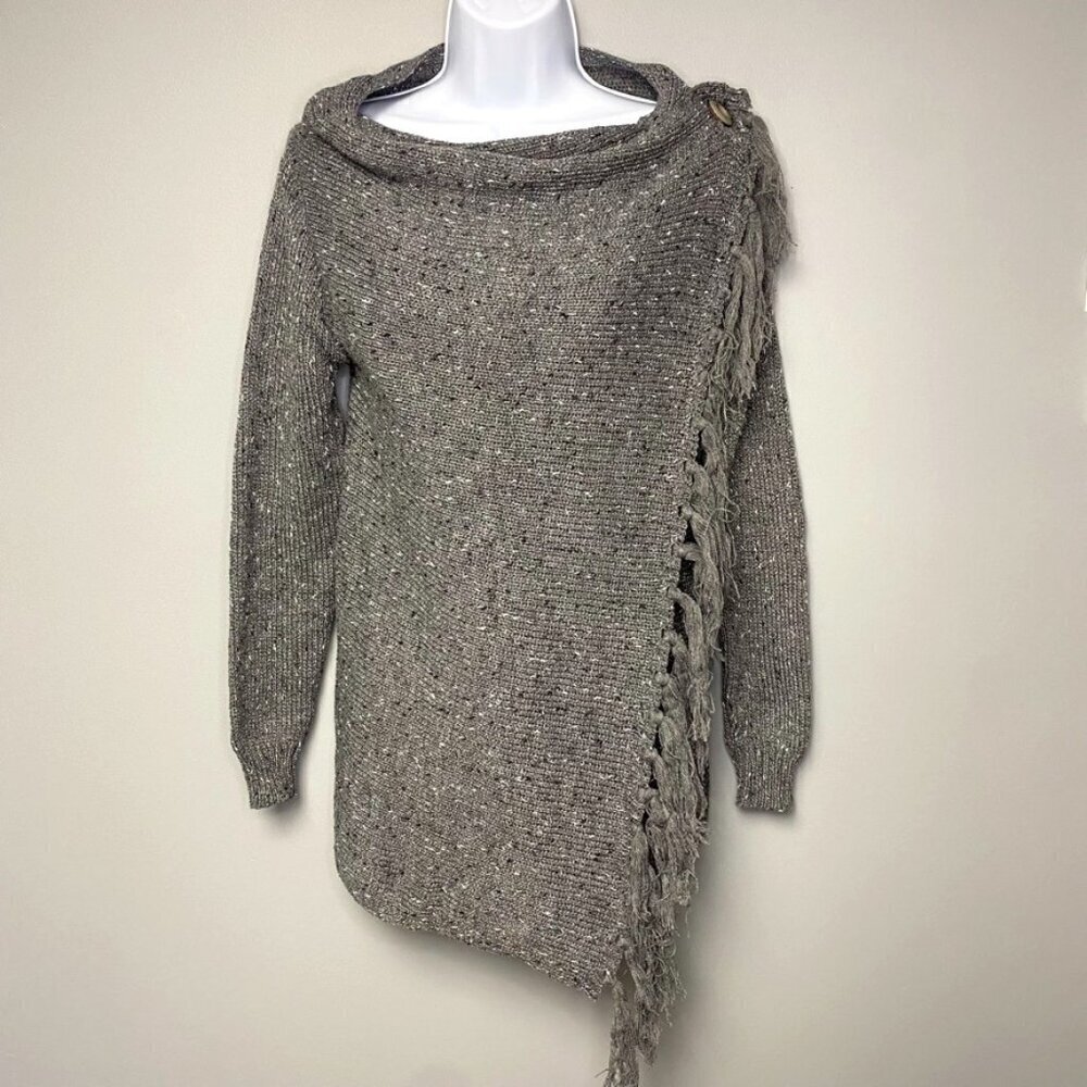 NWT Ceasikery Dark Grey Lagenlook Boho Eclectic Fringe Wrap Sweater Size S